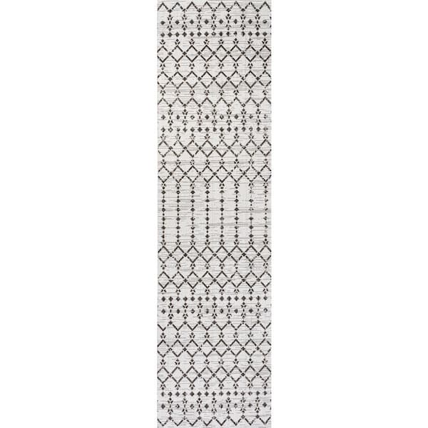 Ourika Moroccan Cream/Black 2 ft. x 8 ft. Geometric Textured Weave Indoor/Outdoor Area Rug