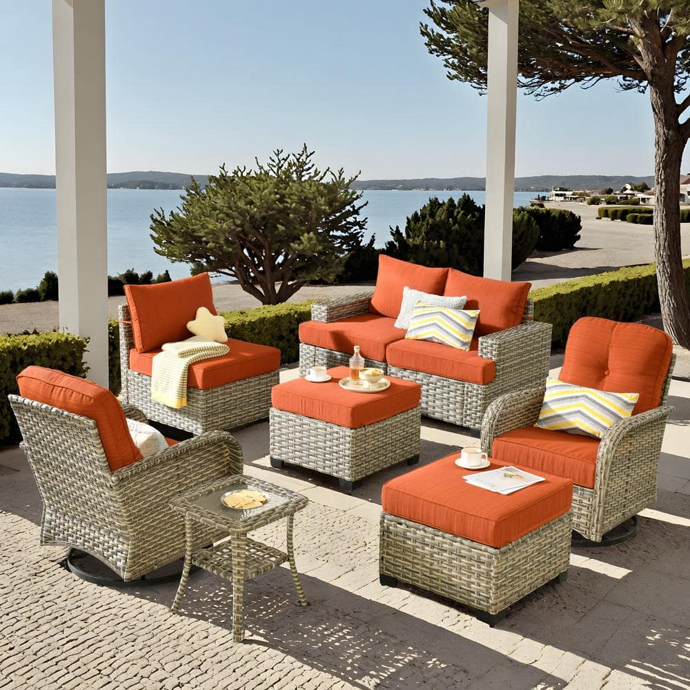 Kelleys 8-Piece Wicker Modern Outdoor Patio Conversation Sofa Set with Swivel Chairs and Orange Red Cushions
