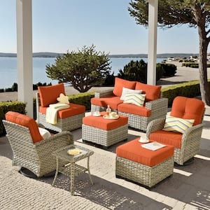 Kelleys 8-Piece Wicker Modern Outdoor Patio Conversation Sofa Set with Swivel Chairs and Orange Red Cushions