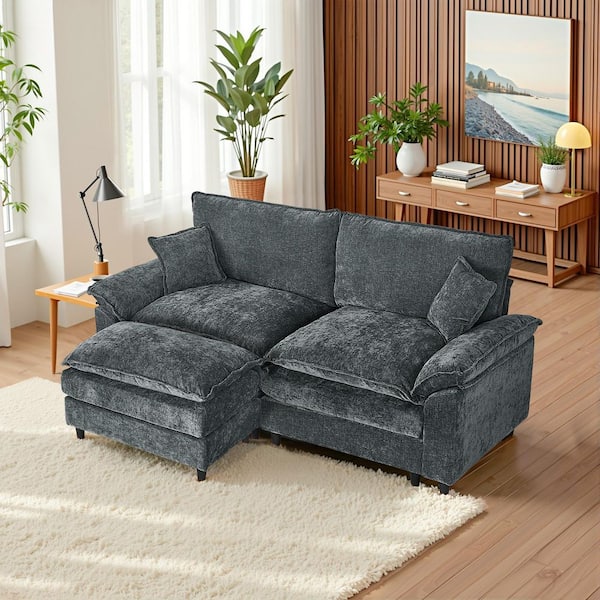 WONDER COMFORT Comfy 82.68 in. Pillowed Armrest Chenille 2 Seat Loveseat with Ottoman and Pillows Sectional Sofa in Gray