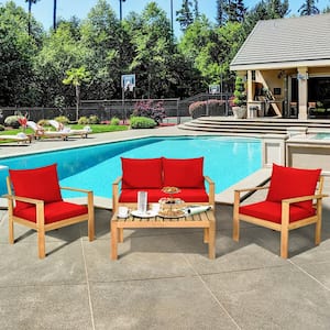4-Piece Acacia Wood Patio Conversation Set with Red Cushions