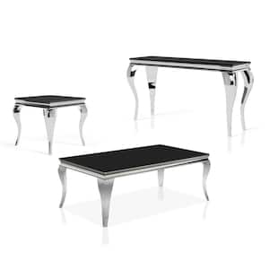 Mosgood 3-Piece 51 in. Black Rectangle Glass Coffee Table Set