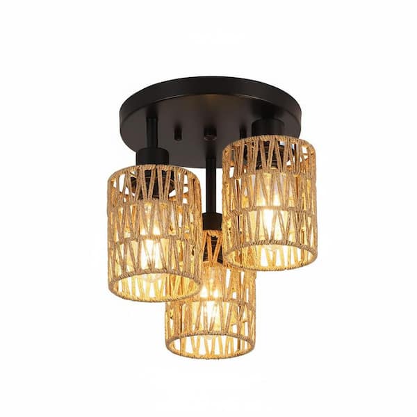Boho 3 light Matte Black Stepped Hand Woven Rattan Round Flush Mount Chandelier for Bedroom Hallway No Bulbs Included