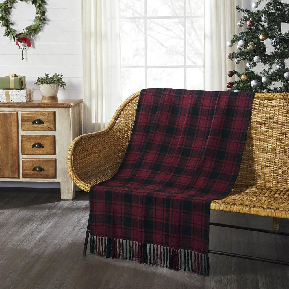 VHC BRANDS Cumberland Red Black Rustic Plaid Woven Throw Blanket 84110