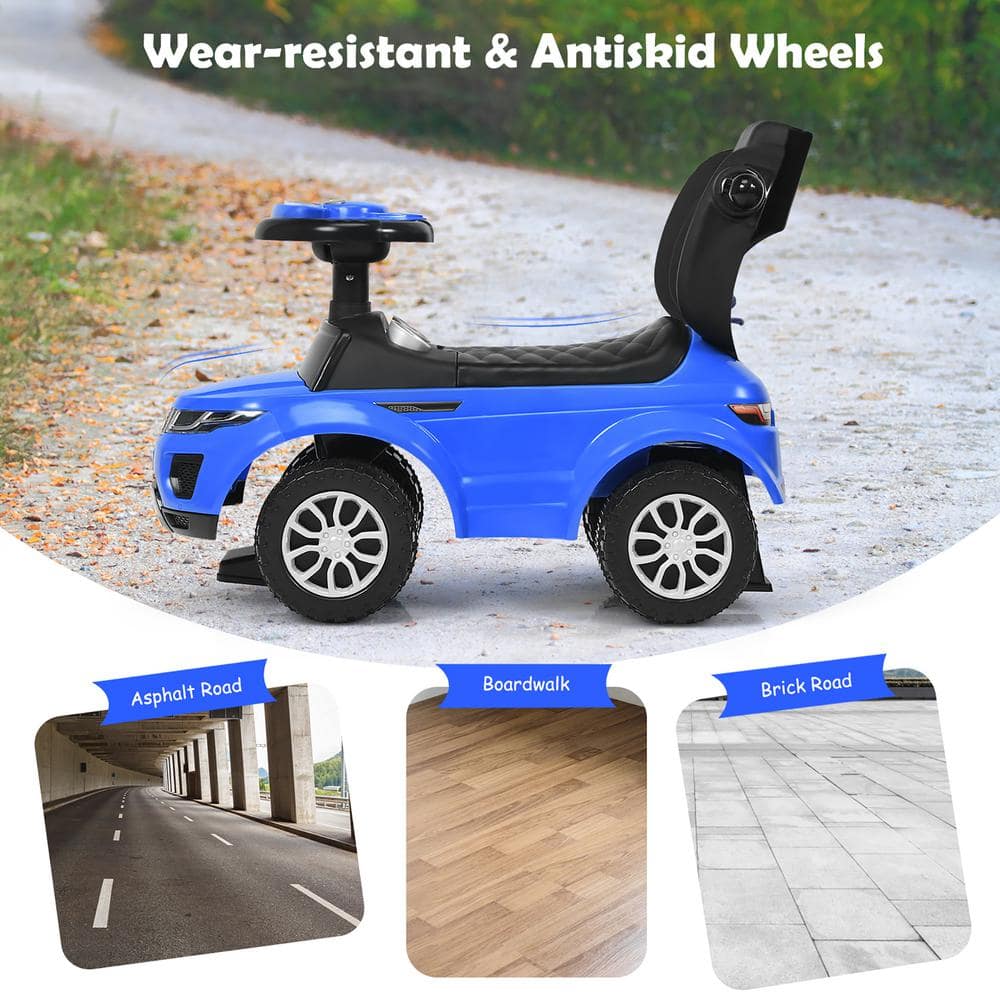 Blue 3-in-1 Ride-On Push Car Stroller with Music