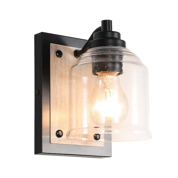 Farmhouse 5 in. 1-Light Black and Grey Wood Grain Metal Bathroom Vanity Light with Clear Seeded Glass Shades