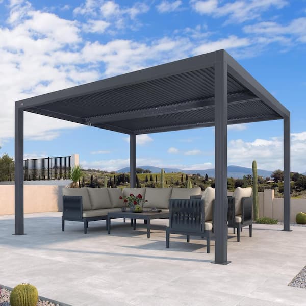 PURPLE LEAF 10 ft. x 13 ft. Gray Aluminum Frame Outdoor Patio Louvered Pergola Gazebo with Adjustable Sunshade Rainproof Roof