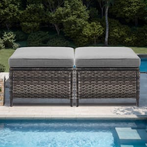 Gray Wicker Outdoor Ottoman with Gray Cushions (2-Pack)