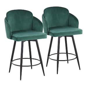 Dahlia 40.25 in. Green Velvet & Black Metal Counter Height Bar Stool with Gold Metal Accent (Set of 2)