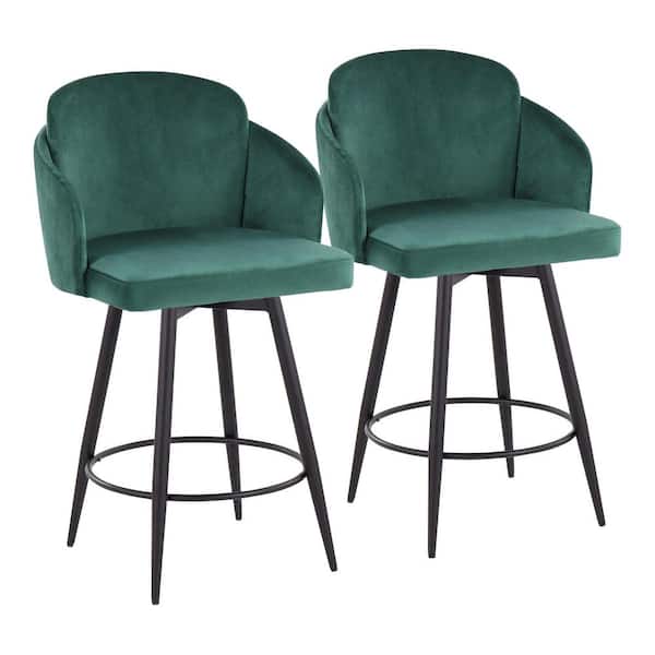 Lumisource Dahlia 40.25 in. Green Velvet & Black Metal Counter Height Bar Stool with Gold Metal Accent (Set of 2)