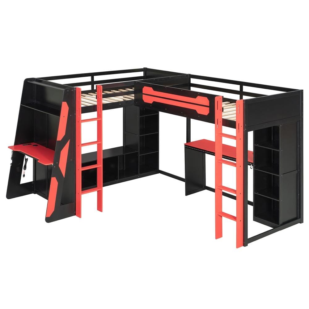 Red Twin Solid Wood Loft Bed with RGB LED Lights, USB Ports, TV Stand and Storage Shelves, Reversible L-Shaped Gaming price history on PriceWatchPro