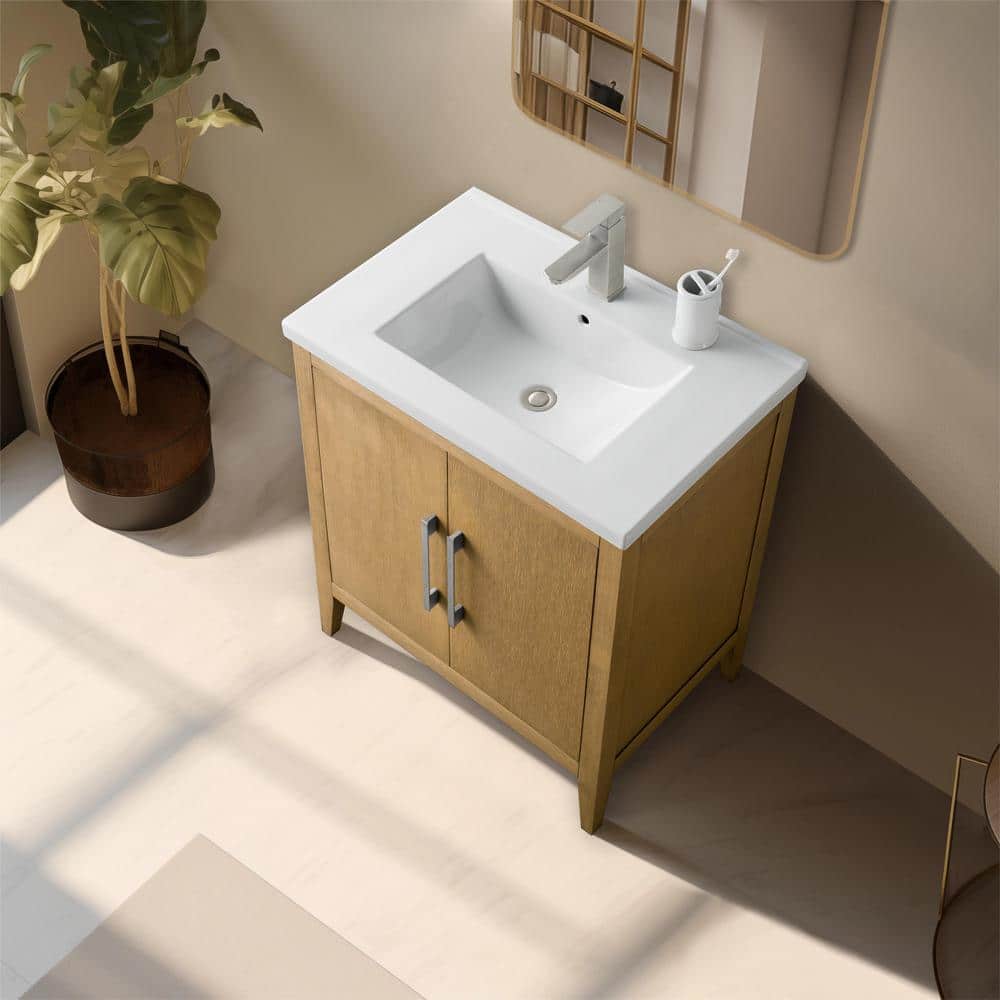 Natural Oak 30" Single Sink Bathroom Vanity with Ceramic Top