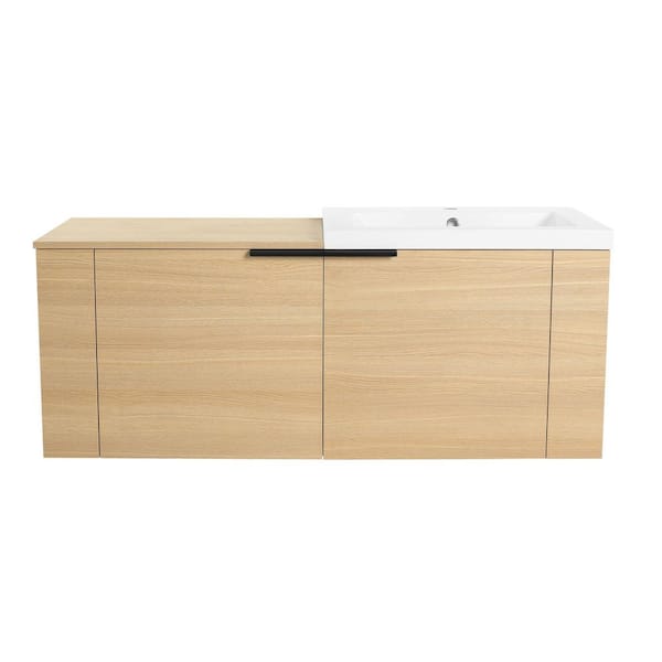 48 in. Single Sink Floating Oak Bath Vanity with White Resin Top, Metal Handle, 2 Doors