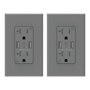 4 Amp USB Dual Type A In-Wall Charger with 20 Amp Duplex Tamper Resistant Outlet, Wall Plate Included, Gray (2-Pack)