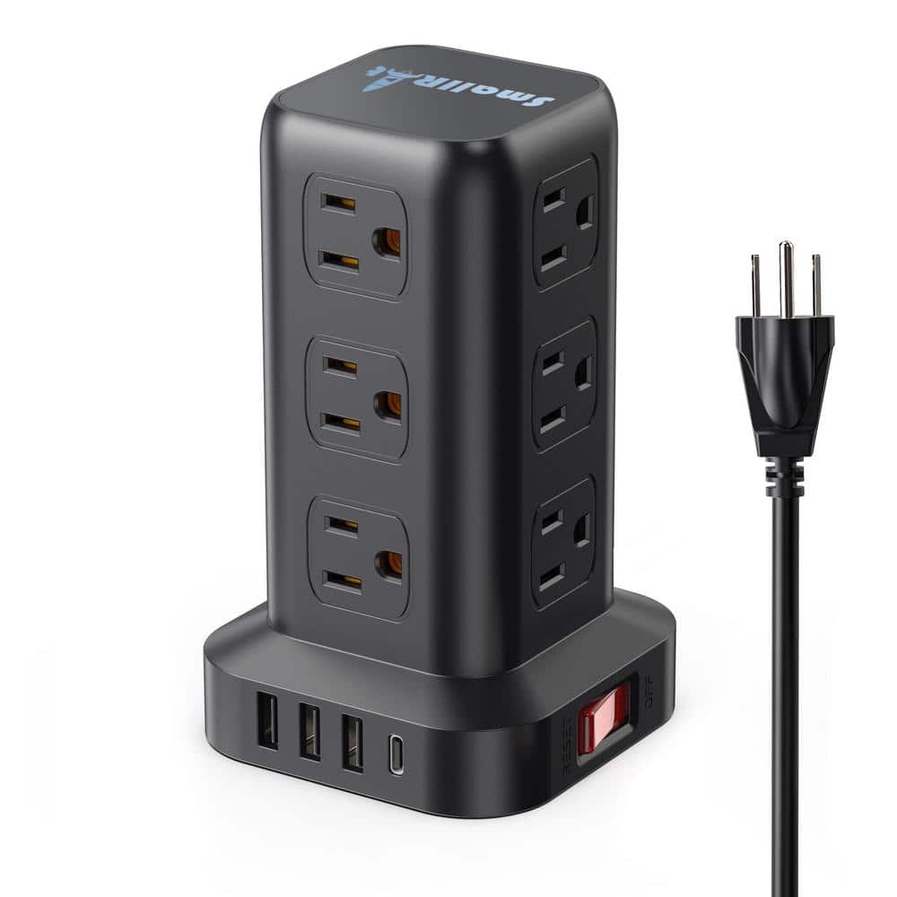 Black Tower Power Strip with 6.5 ft Cord and USB Ports