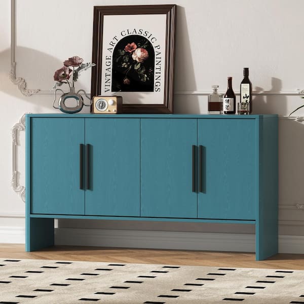Harper & Bright Designs Antique Blue MDF 59 in. Storage Cabinet Sideboard with Adjustable Shelves and 4 Doors, Long Handles