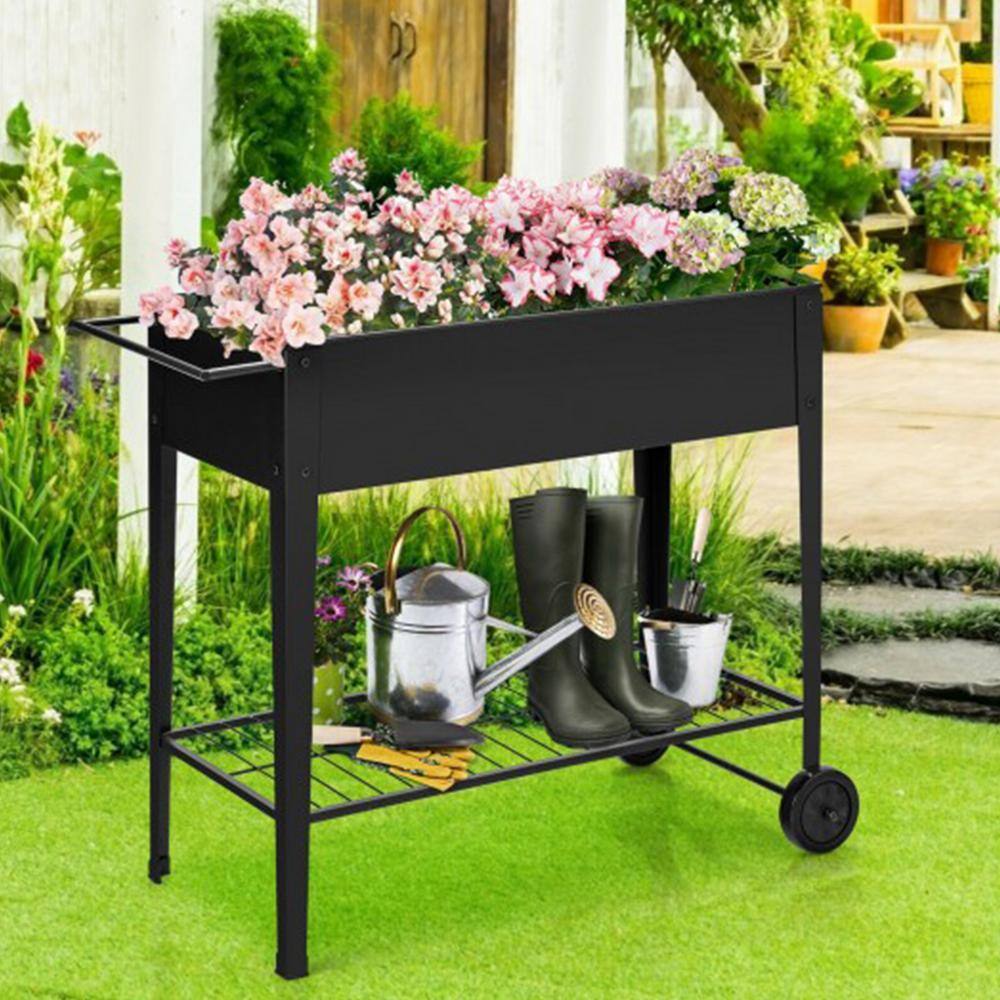 Black Iron Raised Garden Bed with Wheels and Shelf