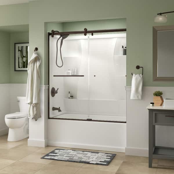 Delta Simplicity 60 x 58-3/4 in. Frameless Contemporary Sliding Bathtub Door in Bronze with Clear Glass