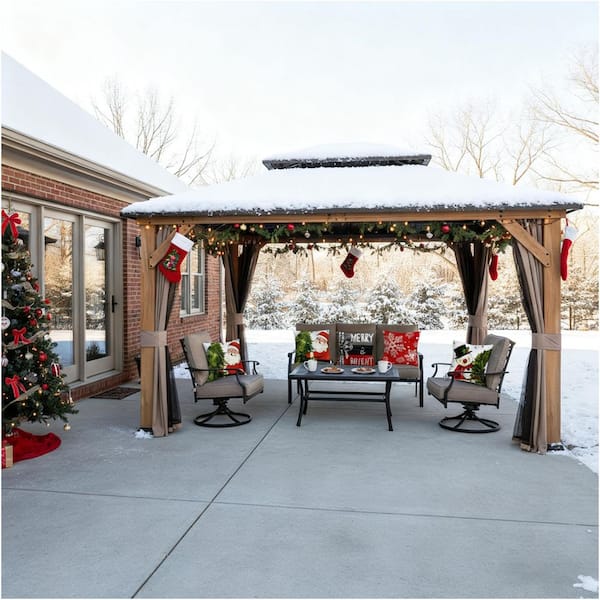Cedarshield 12 ft. x 14 ft. Brown Wood Frame Hardtop Gazebo with Galvanized Steel Double Roof, Curtains and Netting
