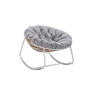 White Frame Metal Outdoor Rocking Chair, Patio Wicker Egg Chair, with Light Gray Cushion, for Backyard, Patio, Garden