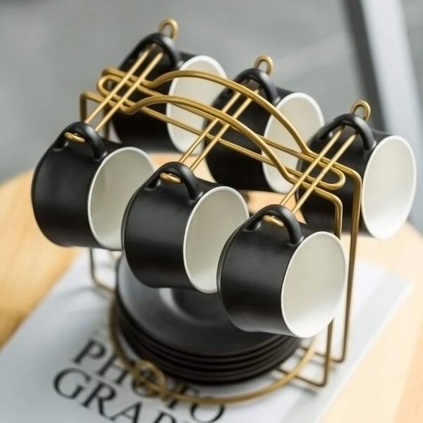 Wudkey Espresso Cups with Saucers and Metal Stand, 4 oz. Ceramic