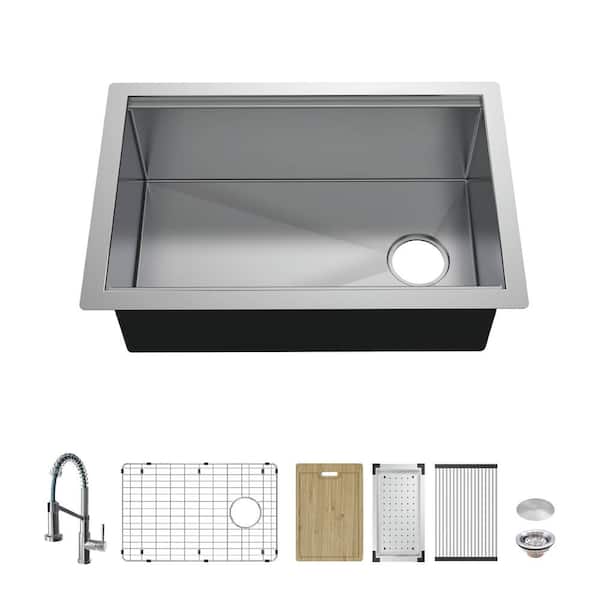 Glacier Bay Professional 30 in. Undermount Single Bowl 16 Gauge Stainless Steel Workstation Kitchen Sink with Spring Neck Faucet