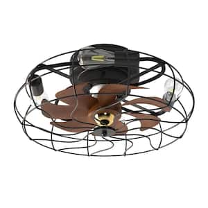 19.6 in. Enclosed Industrial Farmhouse Black Caged Low Profile Flush Mount Ceiling Fan with Light with Remote Control