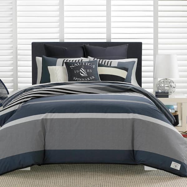 Nautica Rendon 3-Piece Charcoal Gray Striped Cotton Full/Queen Comforter Set