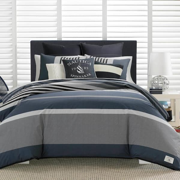 Nautica Rendon 3-Piece Charcoal Grey Striped Cotton King Duvet Cover Set