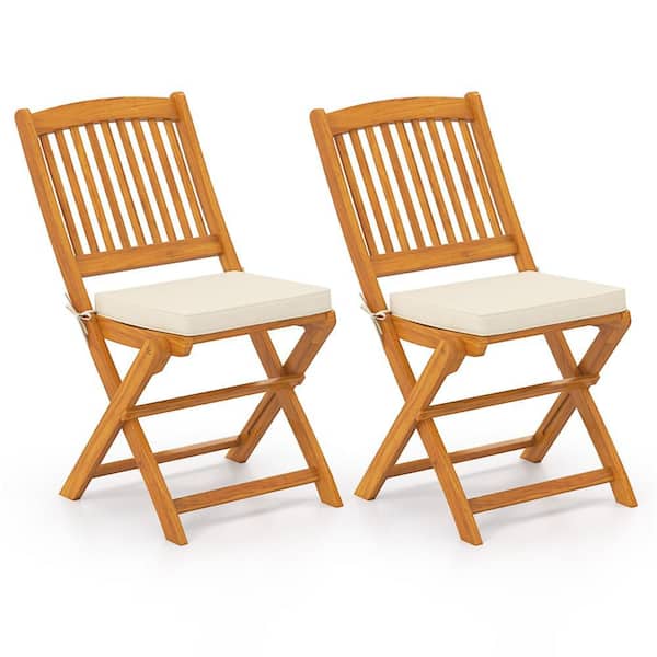 Acacia Wood Outdoor Folding Dining Chairs High-Back Chair with Seat Beige Cushions (Set of 2)
