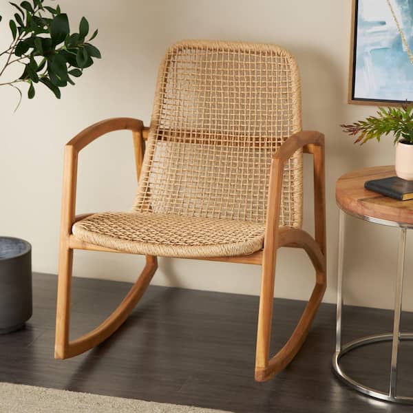 Light Brown Handmade Woven Rectangular Plastic Rattan Accent Chair with Teak Frame
