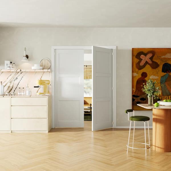 64 in. x 80 in. 3 Panel Core White Primed Solid Core Pine Wood Double Pre-Hung French Door with Quick Assemble Jamb
