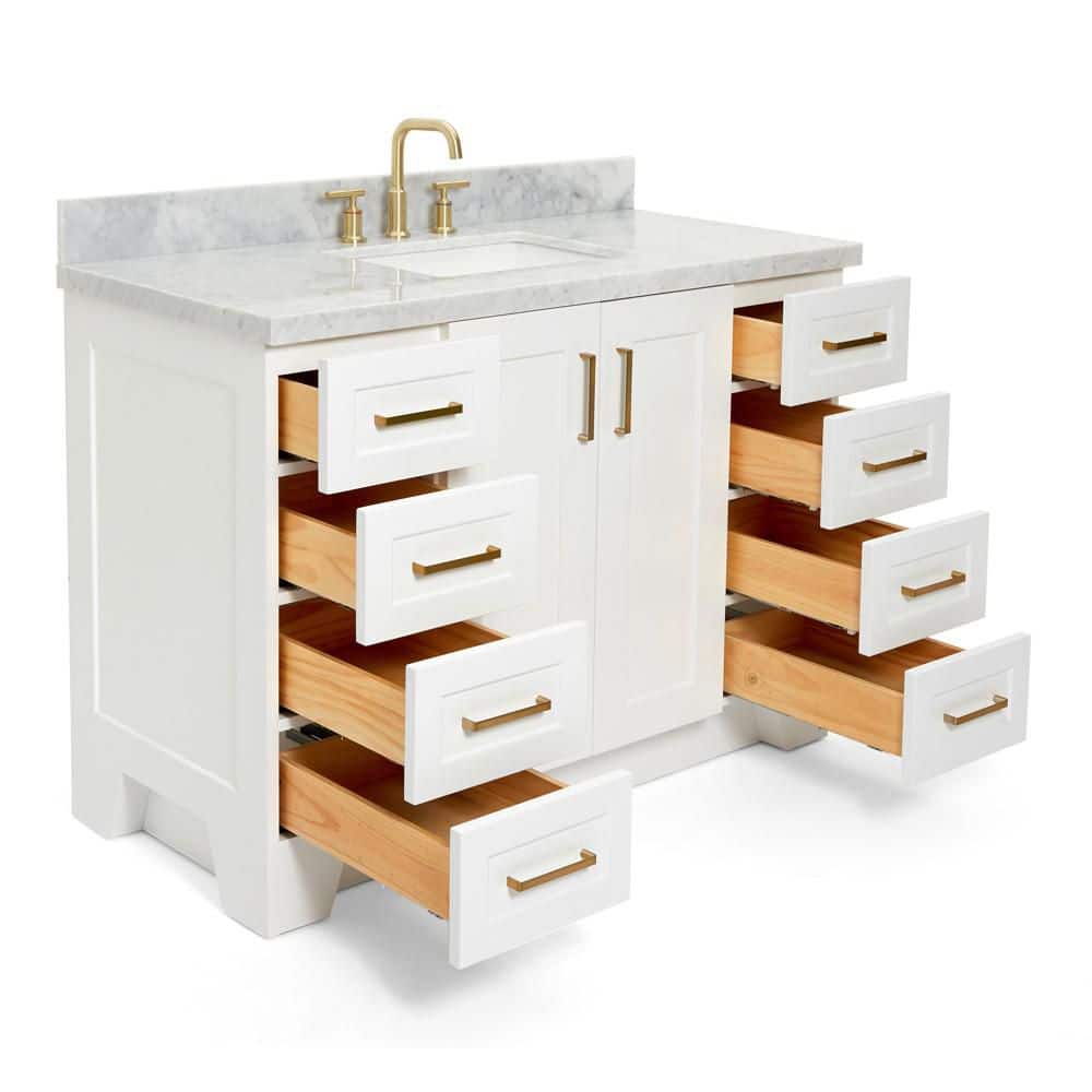 White Marble Top Freestanding Single Sink Vanity with Gold Hardware