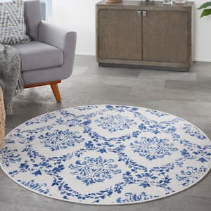 Whimsicle Ivory Navy 5 ft. x 5 ft. Floral French Country Contemporary Round Area Rug