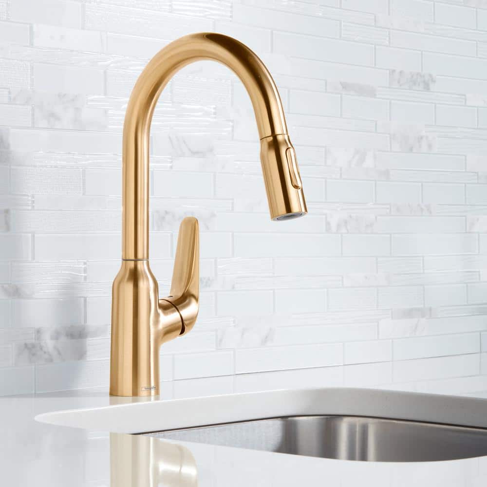 Elegant 14'' Brushed Gold Optic Pull-Down Kitchen Faucet with Ceramic Disc