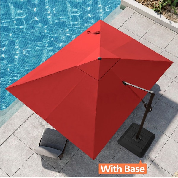 12 ft. x 9 ft. Aluminum Outdoor Cantilever Umbrella Offset 360° Rotation Patio Umbrella in Red with a Base