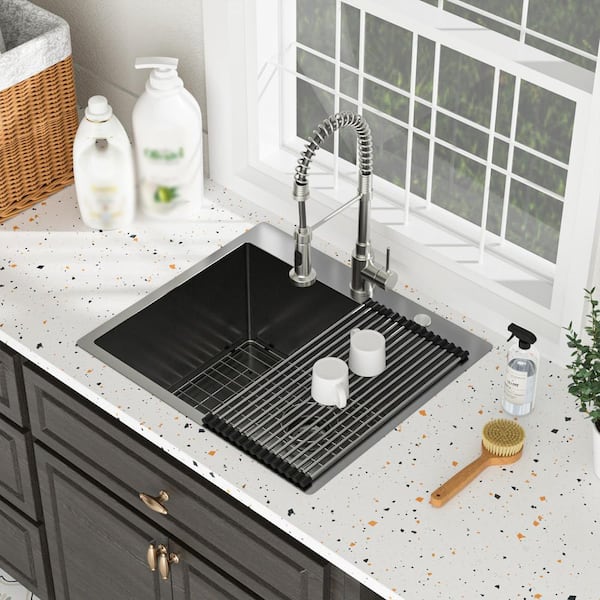 25 in. L x 22 in. W Drop-In Single Bowl 16-Gauge Stainless Steel Kitchen Sink in Gunmetal Black