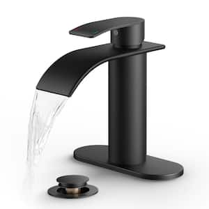 Waterfall Single Hole Single Handle Bathroom Vanity Faucet with Deckplate Pop Up Drain Included in Matte Black