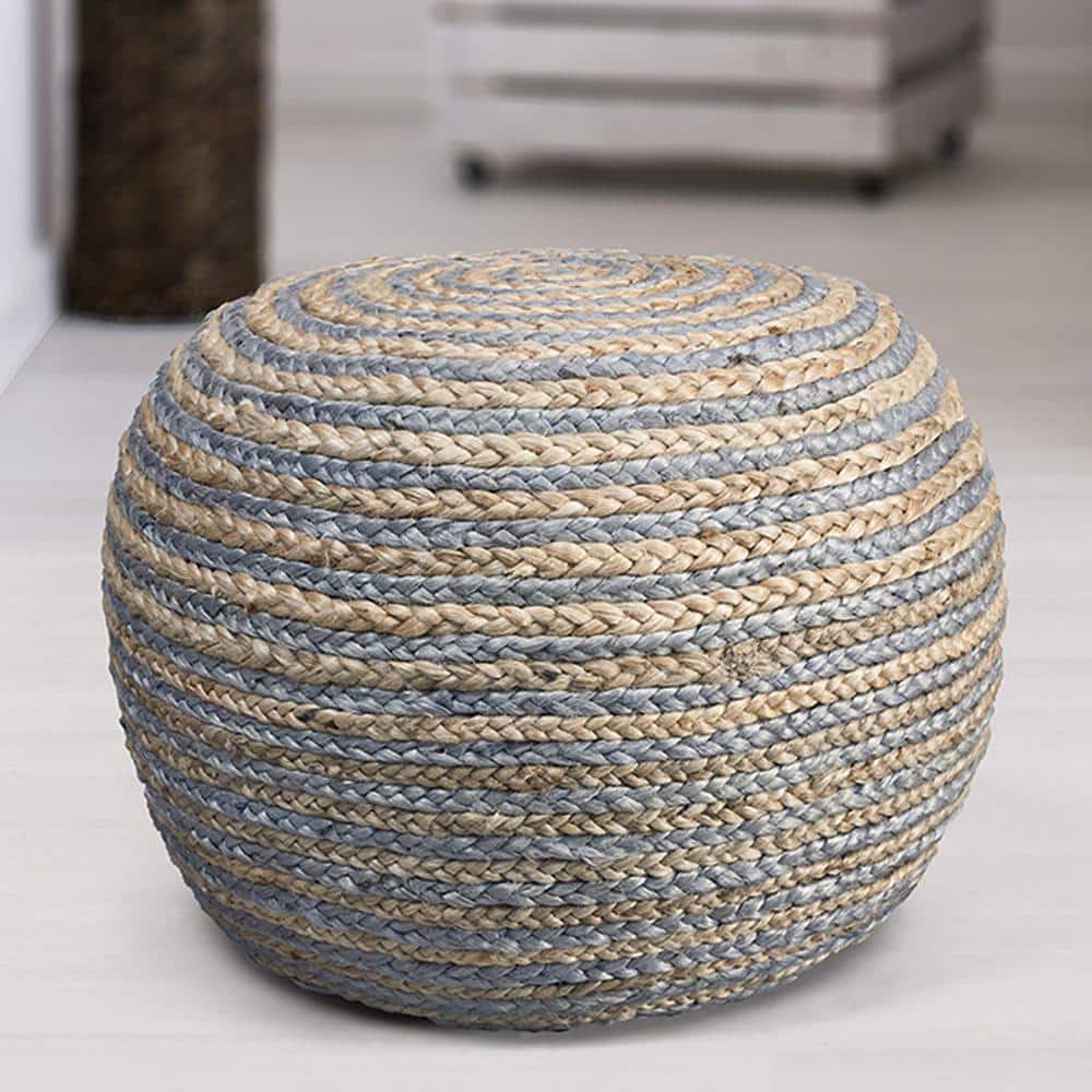 Handmade Striped Braided Jute & Cotton Pouf in Gray, 20" x 14"