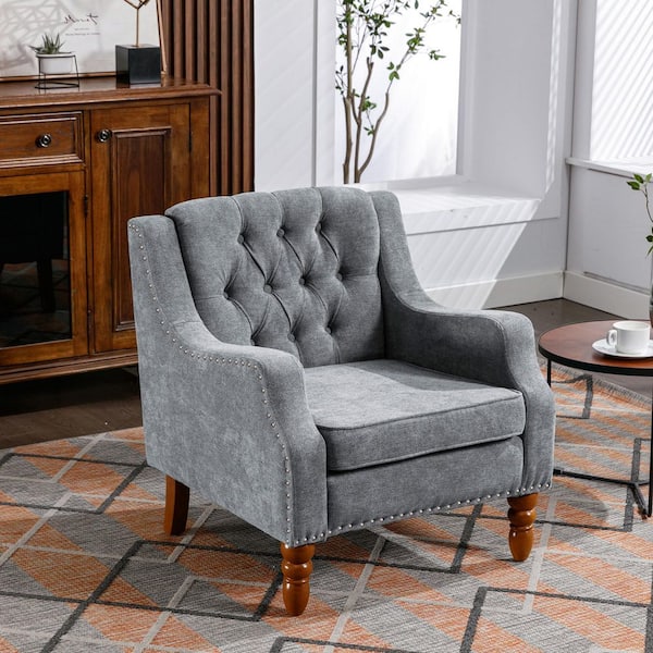 Valentia Grey Upholstered Linen Accent Chair with Button Tufting, Nailhead Trim, Solid Wood Frame