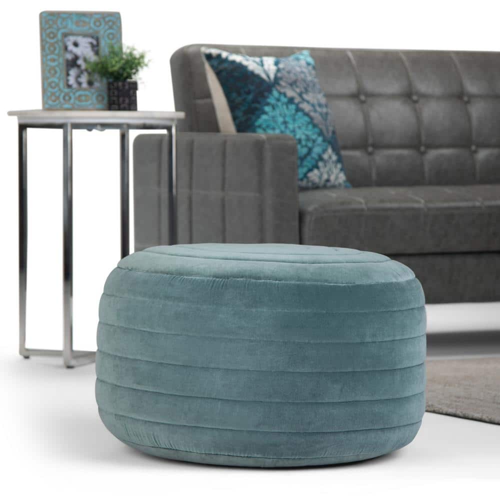 Vivienne Turquoise Velvet Round Pouf Ottoman