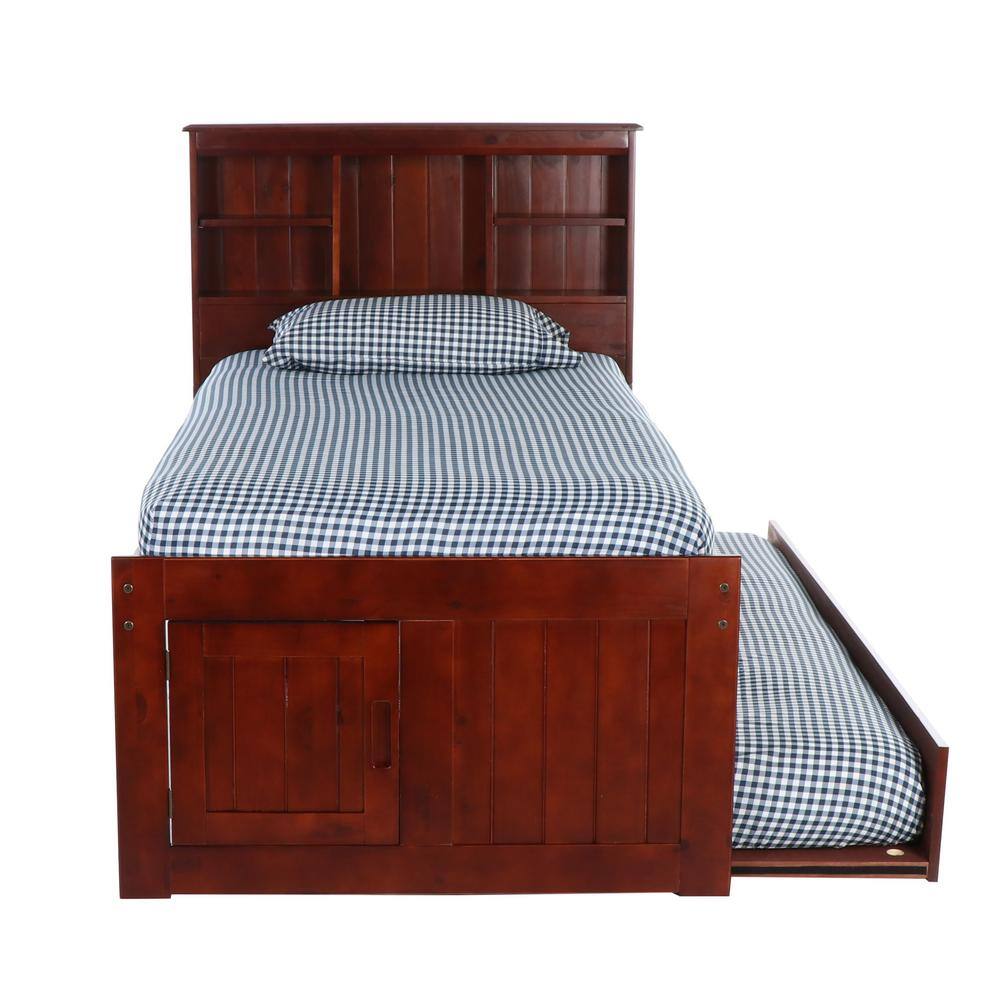 Rich Merlot Pine Twin Captain's Bed with Storage and Trundle