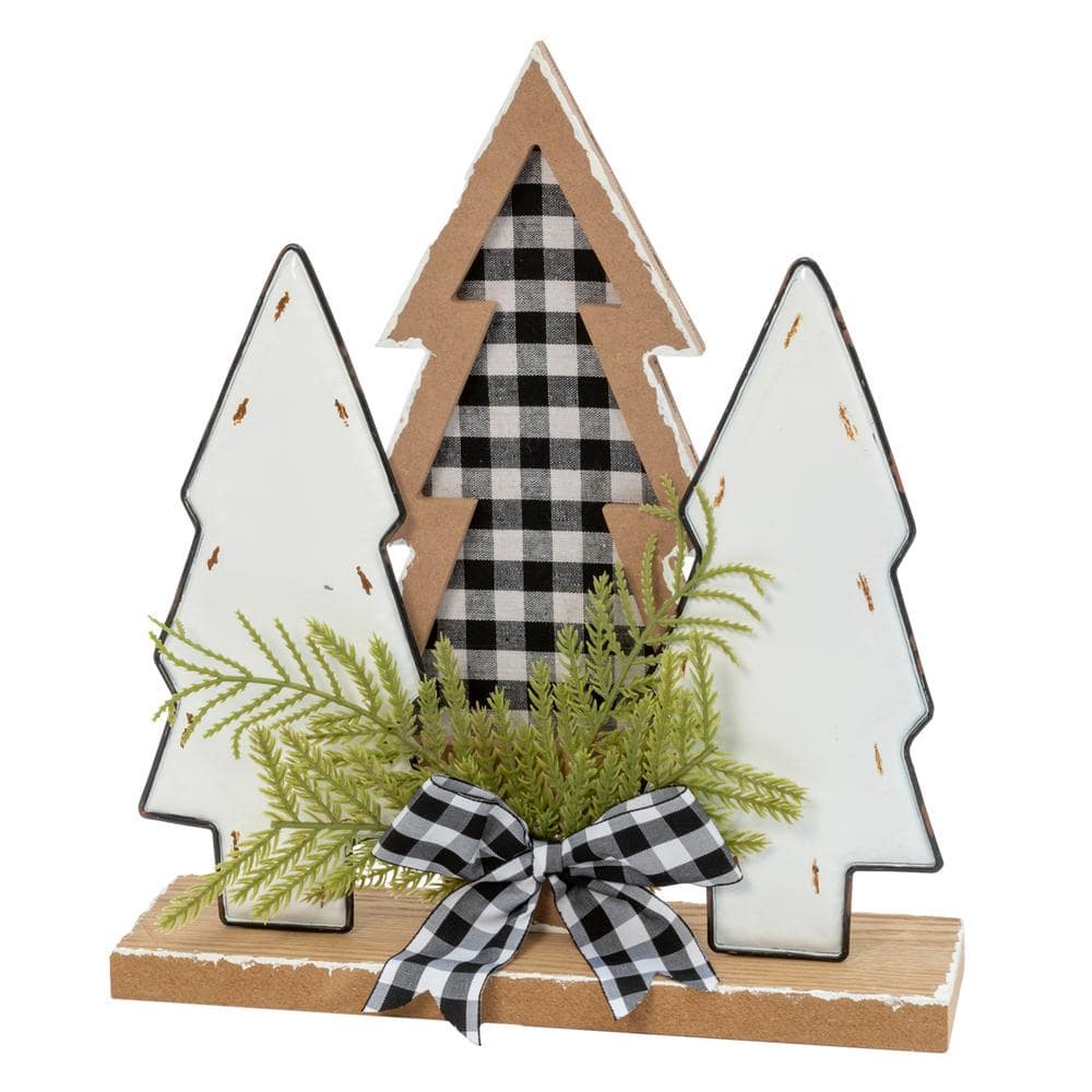 3 Pieces Christmas Tree Table Decor Buffalo Plaid Home Sign with 3 Pcs  Berry Pine Cone Wooden Shelf Decor Freestanding Table Centerpieces for