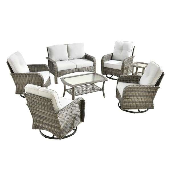 Denali Gray 8-Piece Wicker Patio Conversation Sofa Seating Set with Swivel Rocking Chairs and Light Gray Cushions