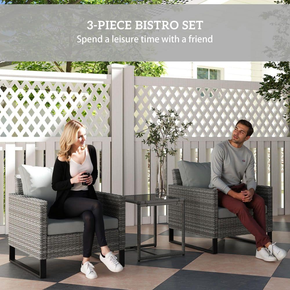 Gray Wicker Bistro Set with Cushions and Glass Table