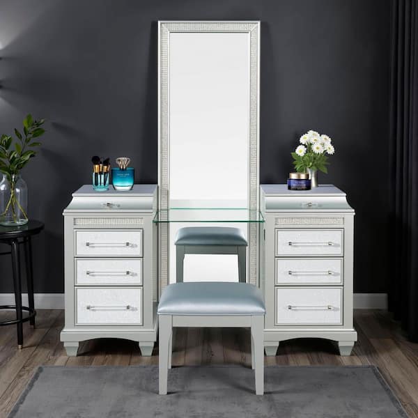 Igna 2-Piece Glam Silver Full Length Makeup Vanity Set with Stool and LED Light