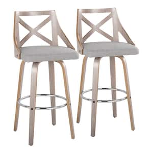 Charlotte 29.5 in. Grey Fabric, Light Grey Wood and Chrome Metal Fixed-Height Bar Stool with Round Footrest (Set of 2)