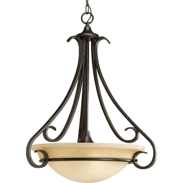 Progress Lighting Torino 22 in. 3-Light Forged Bronze Vinatge Foyer Pendant for Kitchens and Entryways with Tea-Stained Glass
