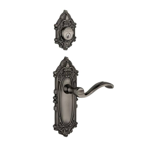 Grandeur Grande Victorian Single Cylinder Antique Pewter Combo Pack Keyed Alike with Portofino Lever and Matching Deadbolt