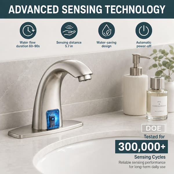 Automatic Sensor Touchless Single Hole Bathroom Sink Faucet with Deck Plate and Pop-Up Drain in Brushed Nickel